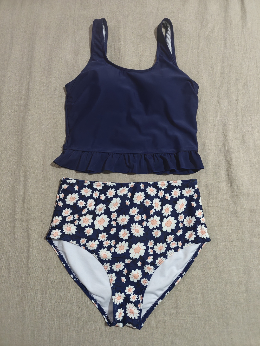 Navy Daisy Tankini High Waist Criss Cross Back Size Medium